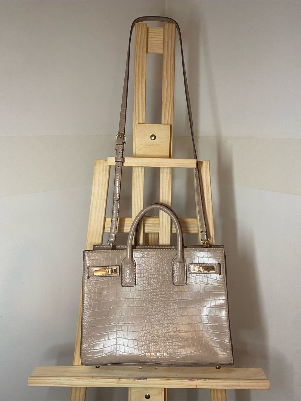 Anne Klein Taupe Croc Embossed Satchel | Crossbody & Top Handle Handbag